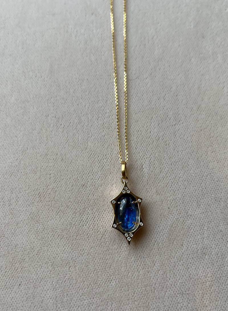 18K Yellow Gold, Sm Guad Pendant w/ Kyanite & Diamond accents Necklace