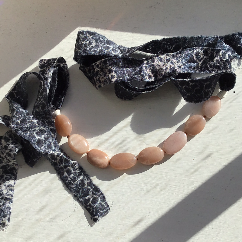 Peach Moonstone Necklace with Blue Silk