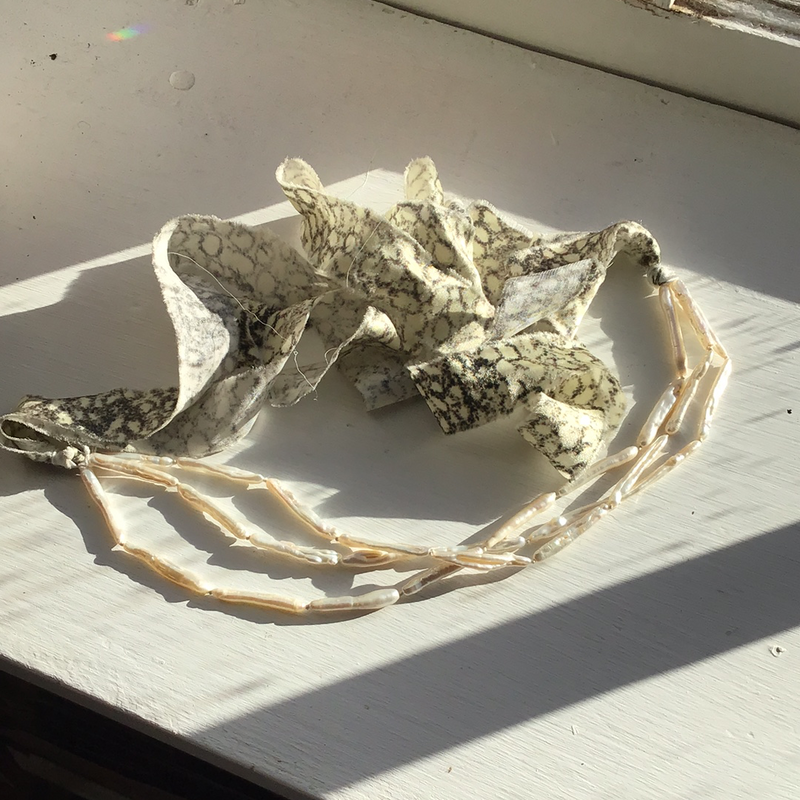Biwa Pearl Necklace with Black & White Silk